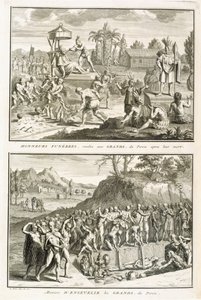 Hautajaisrituaalit ja herrojen hautaustavat heidän kuolemansa jälkeen, Perussa, kuvitus uskonnollisista seremonioista ja tavoista, kaivertanut Bernard Picart (1673-1733) 1722 tekijältä French School
