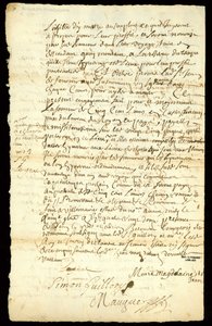 Turkiskauppasopimus Francois Francoeurin ja neljän matkamiehen välillä tavaroiden kuljetuksista ja majavanantojen ostamisesta Michilimackinacissa ja Chicagossa, 1692 (katso myös 332318) tekijältä French School