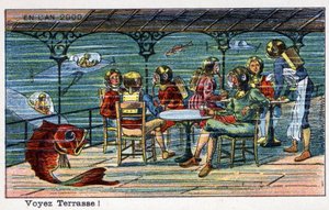Futuredays: 1800-luvun visio vuodelle 2000 - Sarja “” Vuonna 2000”: Katso terassi (meren alla). Villemardin kromolitografia tekijältä French School
