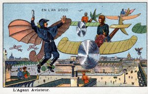 Futuredays: 1800-luvun visio vuodelle 2000 - Sarja "" Vuonna 2000": Lentäjä - Villemardin kromolitografia tekijältä French School