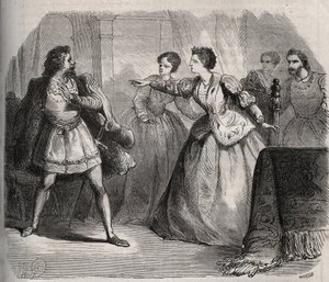 Gabrielle de Vergy kiistää sulhasensa Eudes de Fayelin, joka on kateellinen ystävyydestään serkkunsa Albert de Nozereaun kanssa. Kohtaus 1100-luvun legendasta. Kaiverrus vuodelta 1871 Henry de Kockin (1819-1892) teokseen "Histoire Des Cocus Celebres". tekijältä French School