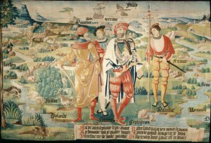 Galathes, 11. gallialaisten kuningas, takana Gallin kartta, yksityiskohta Gallialaisten kuninkaiden historiaa käsittelevästä kuvakudoksesta, Arras Workshop, n. 1530