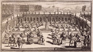 Puutarhurit työskentelevät appelsiinipuutarhassa, Le Parfait Jardinier, ou Instruction pour les Jardins Fruitiers et Potager, Jean de la Quintinye, julkaistu 1695 tekijältä French School