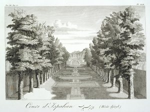 Puutarhat Tshehar-Baghissa, Isfahanissa, teoksesta Voyages du Chevalier Chardin en Perse, et autres Lieux de l
