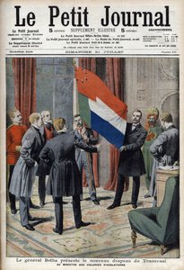 Kenraali Pieter Willem Botha (buuri) esittelee Transvaalin (Etelä-Afrikka) uuden lipun Englannin siirtomaaministerille Lord Elginille - "Le Petit Journalissa" 21. heinäkuuta tekijältä French School