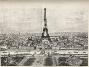 Yleiskuva Pariisin maailmannäyttelystä vuonna 1889 Eiffel-tornilla Trocaderosta, kaiverrus - Yleiskuva Pariisin maailmannäyttelystä vuonna 1889 Eiffel-tornilla, kaiverrus Le Mondessa illustrious de 1889 tekijältä French School