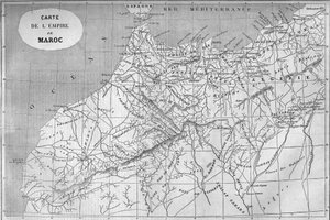 Maantieteellinen kartta Marokon valtakunnasta vuonna 859. Kaiverrus "" Le Monde Illustré" -julkaisussa nro 129, 1. lokakuuta 1859. tekijältä French School