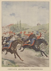 Saksan armeijan hevoset "karkailevat" Ranskan rajan yli (värilitografia). tekijältä French School
