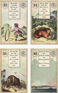 Saksankielinen versio Lenormandin ranskalaisesta cartomancy-paketista: Lapsi, Kettu, Karhu, Tähti, julkaisija Dondorf, Frankfurt, 1800-luku tekijältä French School
