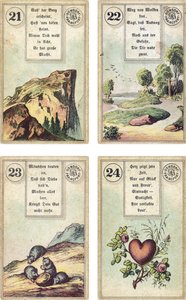 Saksankielinen versio Lenormand-ranskalaisesta cartomancy-paketista: Vuori, Tie, Hiiret, Sydän, julkaisija Dondorf, Frankfurt, 1800-luku tekijältä French School