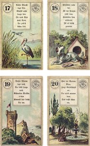 Saksankielinen versio Lenormandin ranskalaisesta cartomancy-paketista: Haikara, Koira, Torni, Puutarha, julkaisija Dondorf, Frankfurt, 1800-luku tekijältä French School
