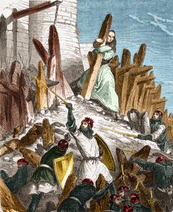 Louis le Grosin Geurre Hugues du Puisetia vastaan: Ranskan kuninkaan LOUIS VI le Grosin joukkojen hyökkäys Chateau du Puisetin (sijaitsee Eure-et-Loirin departementissa) vuonna 1118. Kaiverrus "Histoire De France En" Paul Lehugeurin sata maalausta tekijältä French School