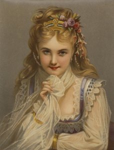 Tyttö, jolla on vaaleat hiukset, koruja, kukkia ja ujo hymy (chromolitho). tekijältä French School