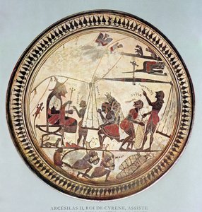 Kreikkalainen kuppi, joka kuvaa Arcesilas II:ta, Kyrenen kuningasta (n. 560–550 eKr.) katsomassa silfiumin punnitsemista ja lastaamista, kopio 6. vuosisadalla eKr. peräisin olevasta alkuperäisestä tekijältä French School