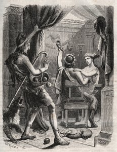 Kreikkalainen mytologia: "" Tämän huudon teki Pariisi"". Paris yllättää Helenen Peritanuksella. Kaiverrus vuodelta 1871 Henry de Kockin (1819-1892) teokseen "Histoire Des Cocuses Celebres". tekijältä French School