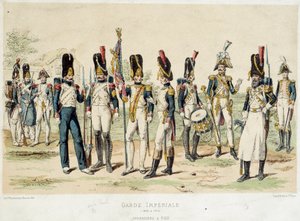 Grenadiers Napoleon I:n keisarillisen kaartin jalka (vuosina 1804–1814). 1800-luvun kaiverrus. Pariisi, koristetaide tekijältä French School