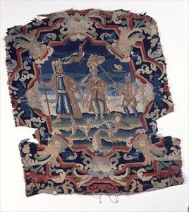 Gros point ja petit point istuinpäällinen kolmesta itäeurooppalaisesta hahmosta ja linnusta, 1700-luvun puoliväli (yksityiskohta) tekijältä French School