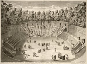 Salle du Balin lehto, Versailles, Versaillesin kaupunkien ja palatsien suunnitelmista, profiileista ja korkeuksista, kaivertanut Lucas, julkaistu n. 1715 tekijältä French School
