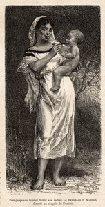 Guaranie-nainen polttaa sikaria lapselleen, ratsastaa lantiolla yrittääkseen tyynnyttää itkunsa. Kaiverrus D.Maillartin piirustuksen mukaan, joka kuvaa Paraguayn matkaa vuosina 1872-1873, L. Forgues, julkaissut "" Le tour du monde”” 1874, toimittanut Edoua tekijältä French School