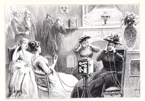 Vieraat pariisilaishotellissa kuuntelemassa suoria lähetyksiä ooppera- tai teatteriesityksiin Marinovichin ja Szarvas Theatrophonesta, La Naturesta, julkaistu 1892 tekijältä French School