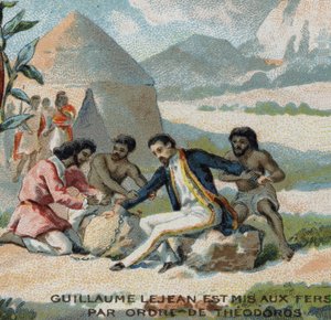 Guillaume Lejean, ranskalainen tutkimusmatkailija, laitettiin kahleisiin Abessinian (nykyisen Etiopian) keisari Theodoroksen käskystä. 1800-luvun kromolitografia. tekijältä French School