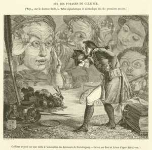 Gulliver alttiina pöydällä Brobdingnagin asukkaiden ihaillen (kaiverrus) tekijältä French School