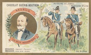 Gustave Nadaud (1820-1893), ranskalainen goguettier, runoilija ja lauluntekijä, hallituksen kieltämien satiiristen teosten "Les deux gendarmes" tai "Pandora" kirjoittaja tekijältä French School
