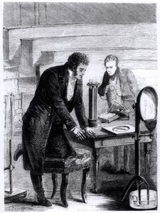 Hans Christian Oersted (1777-1851) havaitsi magneettisen neulan poikkeaman suljetun virran vaikutuksesta vuonna 1820 Louis Figuierin (1819-94) 1867 Les Merveilles de la Sciencesta. tekijältä French School