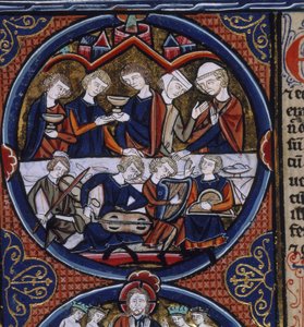 Harley 1527 fol.36v banketti muusikoiden kanssa, 