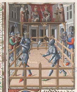 Harley 4375 f.171v, Kaksi ritaria taistelevat pollaksien kanssa, 