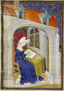 Harley MS 4431 f.004r Yksityiskohta Christine de Pizanin pienoismallista hänen työhuoneessaan "Cent balades" -kirjan alussa, n. 1410-1414 (muste ja väri pergamentilla) tekijältä French School