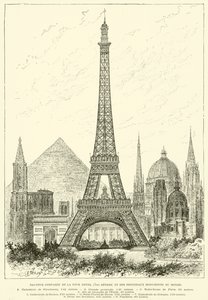 Eiffel-tornin (300 metriä) ja maailman tärkeimpien monumenttien (kaiverrus) vertailu tekijältä French School
