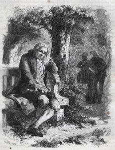 Hän kuuli suudelman kuiskauksen." Sveitsiläinen filosofi Jean Jacques (Jean-Jacques) Rousseau (1712-1778) yllättää kumppaninsa Marie-Theresen (Marie Therese) Le Vasseurin (Levasseur) (1721-1801) täydessä aviorikoksessa. Kaiverrus vuodelta 1871 teoksessa "H tekijältä French School