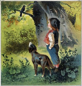 Henri tarkkailee mustarastasta metsässä oksalla, joka palaa elämäänsä, jos hän olisi lintu. Kromolitografia julkaisusta "" Childhood Scenes"" toim. Guerin - Muller noin 1885. tekijältä French School