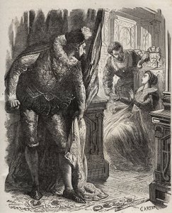 Henry (Henry) Stuart dit Lord Darnley (1545-1567) yllätti vaimonsa Queen Mary (Mary) Iere Stuartin (1542-1587) yksityissihteerinsä David Rizzion (k. 1566) kanssa. Kaiverrus vuodelta 1871 Henry de Kockin (1819-1892) teokseen "Histoire Des Cocuses Celebres". tekijältä French School
