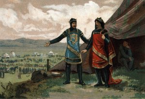 Henrik I, Ranskan kuningas (1008-1060) otti vastaan Normandian herttua Robert Paholaisen (tunnetaan myös nimellä Le Magnifique) ja tarjosi hänelle armeijan valtakuntansa takaisin saamiseksi. Kromolitografia noin 1890. tekijältä French School