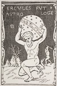 Hercules pitää maailmaa selällään, kun Atlas kerää Hesperidien omenoita Les Arts au Moyen Age -julkaisusta, joka julkaistiin 1873 tekijältä French School