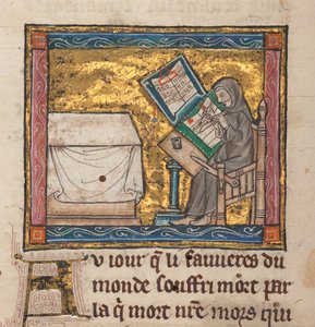 Erakko kirjoituspöydän ääressä, pienoismalli "Estoire del Saint Graal, La Queste del Saint Graal, Morte Artu", n.1315-25 (muste pergamentille) tekijältä French School