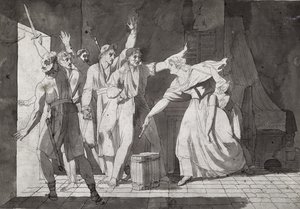 Naisen sankarillisuus, kun hän kohtaa Saint-Mithierin haltuunsa saaneita vendealaisia rosvoja, 1793 (ks. myös 217884). tekijältä French School