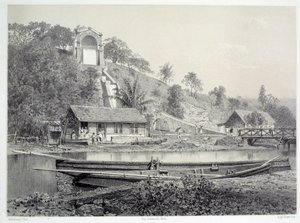 Ranskan siirtokuntien historia: näkymä vesilinnalle tai Gueydon-kanavalle Fort de Francessa Martiniquella (Antillit), 1800-luvun lopun Chartres musee des Beaux Arts tekijältä French School
