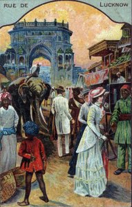 Matkailun historia: Länsimatkailijat Lucknowin kadulla, Intia (Länsimatkailijat Lucknowin kadulla, Intia) Kromolitografia 1800-luvulta Yksityinen kokoelma tekijältä French School