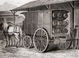 Hevosvetoinen ajoneuvo, jota käytettiin painekaasun kuljettamiseen kannettavissa säiliöissä 1800-luvulla, Les Merveilles de la Science, julkaistu n. 1870 (kaiverrus) tekijältä French School