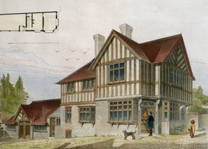 Pienen kauppiaan talo Lontoon alueella, kuvitus Le Moniteur des architectesista, 1884, kaiverrus Paul Louis Bury (1800-luku) (värikaiverrus) tekijältä French School