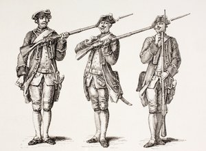 Kuinka ladata musketti, ranskalaisesta ohjekirjasta vuodelta 1776, julkaisusta "XVIII Siecle Institutions, Usages et Costumes", julkaistu 1875 tekijältä French School