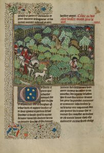 Metsästäjät peuraa jahtaamassa, n.1430-40 (temperavärit, kultamaali, hopea ja lehtikulta). tekijältä French School
