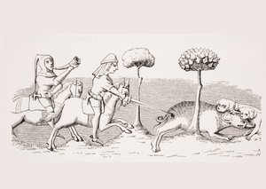 Villisian metsästys koirien kanssa, jäljennös pienoiskuvasta, joka on peräisin Henri de Ferrieresin 1300-luvun käsikirjoituksesta "Livre de Roy du Modus", Paul Lacroix