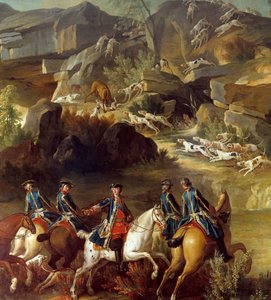 Metsästyspaikka juoksi. Ratsastajat ovat menossa kohti koirien vangitsemaa hirveä. Yksityiskohta nimettömästä 1700-luvun maalauksesta. Gien, metsästysmuseo tekijältä French School