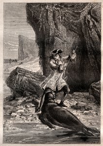 Työnsin lapioni hänen rintaansa: merikoira (hylje) hyökkäsi Woodes Rogersin (1679-1732) kimppuun yhdellä Tyynenmeren Galapagossaarella vuonna 1709 - kuva otettu teoksesta "1700-luvun suuret merimiehet" tekijältä French School