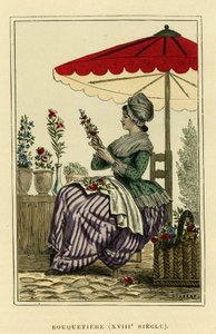 1700-luvun kivikautinen puku. Värikaiverrus, teoksessa "France et les francais a travers les centuries" (Ranska ja ranskalaiset vuosisatojen kuluessa), Augustin Challamel, F.Roy, Pariisi 1882. Selvan kokoelma. tekijältä French School
