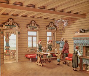 Venäläisen izban idealisoitu sisustus, n. 1880 (värikaiverrus) tekijältä French School